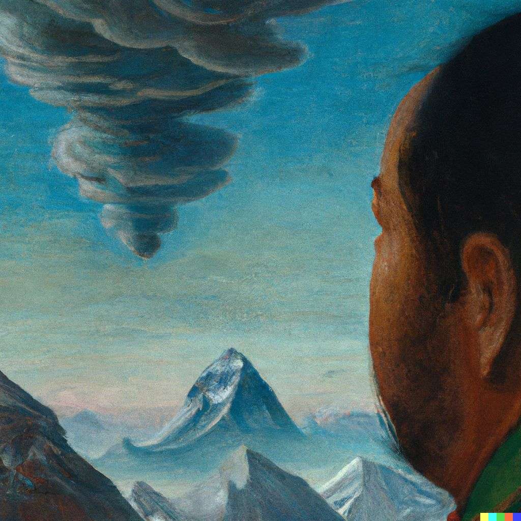 someone gazing at Mount Everest, painting from the 15th century